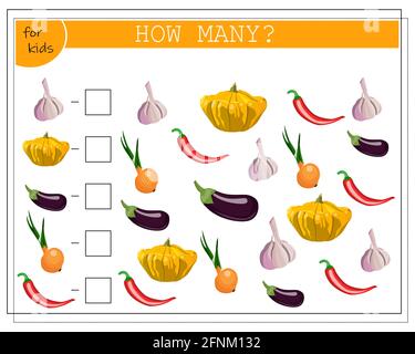 Math-Spiel für Kinder, zählen, wie viele Elemente, Gemüse. Knoblauch, pattison, Chili, Auberginen, Zwiebel. vektor isoliert auf weißem Hintergrund Stock Vektor