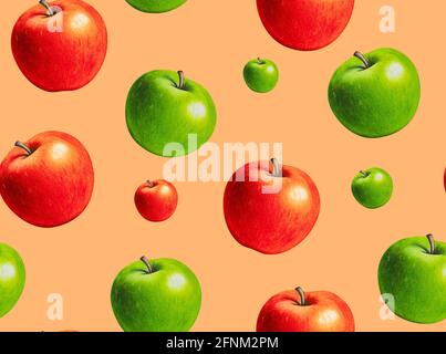 Rot und grün Apfel nahtlose Muster. Handgezeichnete Textur mit ganzen Äpfeln auf rotem Hintergrund. Künstlerische Naturkosttapete. Stockfoto