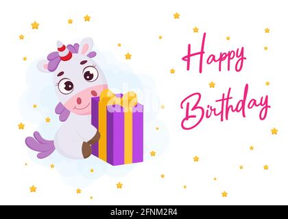 Happy Birthday bedruckbare Party Grußkarte Vorlage mit niedlichen magischen Einhorn sitzen mit Geschenkbox. Vektorgrafik in hellen Farben Stock Vektor