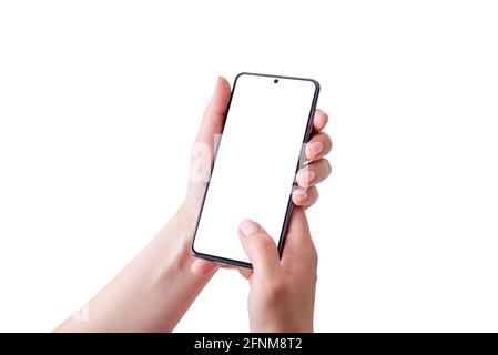 Frau Hände mit Smartphone Nahaufnahme. Berühren Sie mit dem Daumen. Isolierter Bildschirm und Hintergrund für Mockupp, App-Promotion Stockfoto