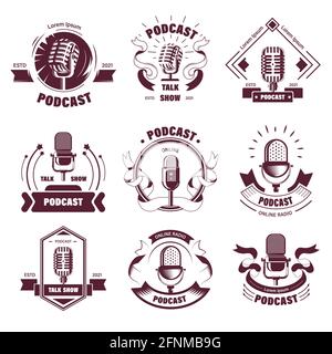 Podcasts Symbole und Embleme mit Vintage-Mikrofon Stock Vektor