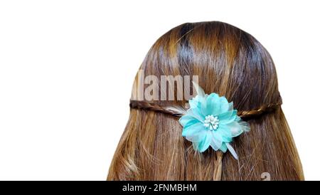 Rückansicht Aufnahme einer jungen Frau mit langen, brünetten Haaren mit lockigen Enden, Stockfoto