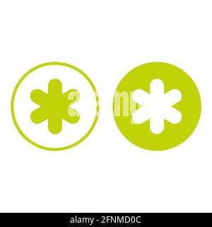 Sternchen-Fußnote im grünen Kreis. Symbole gesetzt. Sternchen. Flaches Symbol des Sternchens auf weißem Hintergrund isoliert. Vektorgrafik. Sternsymbol Stock Vektor