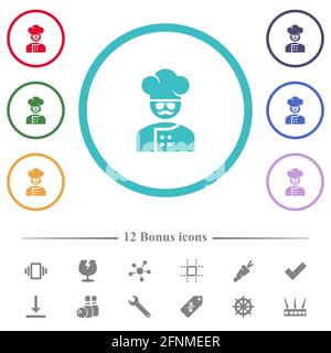 Meisterkoch mit Gläsern und Schnurrbart flache Farbsymbole in kreisförmigen Umrissen. 12 Bonus-Symbole enthalten. Stock Vektor