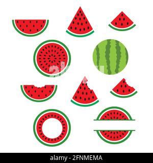 Wassermelonen und Scheiben auf weißem Hintergrund. Sommerhemd-Design. Monogrammiert Wassermelone. Flacher Stil. Stockfoto