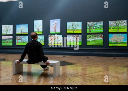 London, Großbritannien. 18 Mai 2021. Die Mitarbeiter der Galerie posieren bei der Vorschau von „David Hockney: The Arriving of Spring, Normandy, 2020“ in der Royal Academy of Arts in Piccadilly. Das neue Werk von David Hockney RA zeichnet die Entwicklung und den Verlauf des Frühlings in der Normandie nach und zeigt die Arbeiten, die zu Beginn der Coronavirus-Pandemie entstanden sind. Die zum ersten Mal ausgestellte Ausstellung findet vom 23. Mai bis zum 26. September 2021 statt. Kredit: Stephen Chung / Alamy Live Nachrichten Stockfoto