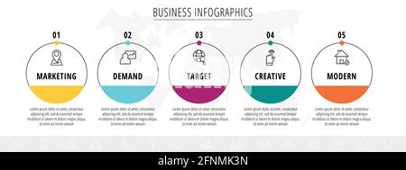 Vektor-Infografiken fünf Kreise mit Pfeilen. Liniengeschäftskonzept mit 5 Schritten, Optionen. Infografik-Vorlage für Diagramm, Web, Banner, Präsentationen Stock Vektor