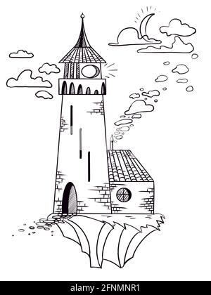 Graue Skizze mit Turm. Grafische Abbildung Stockfoto