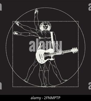 Da Vinci Mann spielt Rockgitarre. Vitruvian Mann Rock Musik T-Shirt Druck Vektor Illustration. Stock Vektor