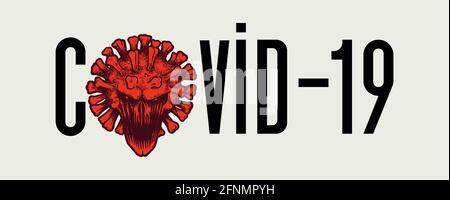 Covid-19-Logo mit bösem Virus-Schädel-Charakter Stock Vektor