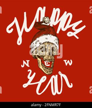 Neujahr-Lettering-Karte mit einem Totenkopf in santa-Hutzeichnung. Stock Vektor