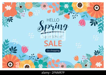 Hallo Frühling Sale Banner mit Blütenblüte. Werbebanner. Vektorgrafik. Von Hand gezeichnet. Stockfoto