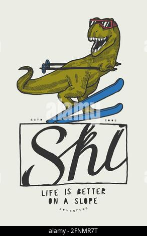 Dinosaurierski. Niedlicher T-rex, der am Himmel rast. Lustige Winter Sport Tyrannosaurus Vektor Illustration Design. Stock Vektor