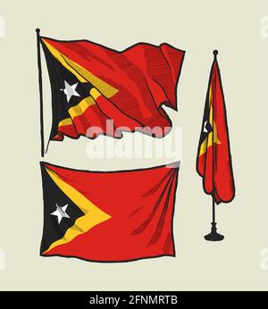 Flagge von Osttimor auf dem Wind und auf dem Wand - Vektorzeichnung Illustrationsset Stock Vektor