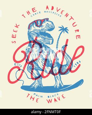 Ride the Wave - Dinosaurier Surfer Zeichnung Vintage-Druck. Stock Vektor