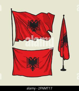 Flagge Albaniens im Wind und an der Wand Illustrationssatz Stock Vektor