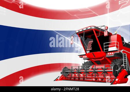 Landwirtschaftliche Innovation Konzept, rot fortgeschrittenen ländlichen Mähdrescher auf Thailand Flagge - digitale industrielle 3D-Illustration Stockfoto