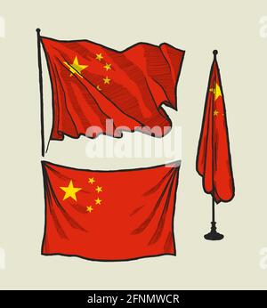 Flagge Chinas auf dem Wind und an der Wand Illustrationssatz Stock Vektor