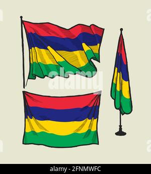 Flagge von Mauritius am Wind und an der Wand Handgezeichnete Vektorgrafik Stock Vektor