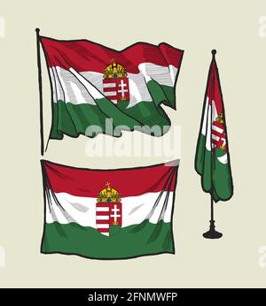 Ungarn Vektorflaggen gesetzt. 3 an der Wand hängen Wimpel, flattern auf dem Wind und stehen im Büro. Stock Vektor