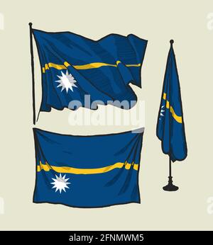 Flagge von Nauru auf dem Wind und an der Wand Illustrationssatz Stock Vektor