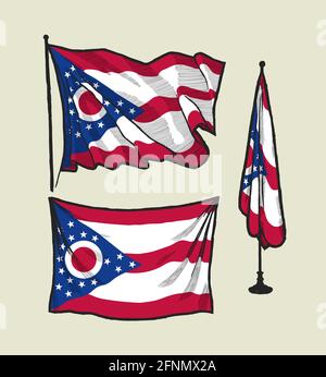 Flagge von Ohio auf dem Wind und an der Wand handgezeichnete Illustration Set. Stock Vektor