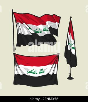 Flagge des Irak auf dem Wind und an der Wand Handgezeichnetes Illustrationsset Stock Vektor