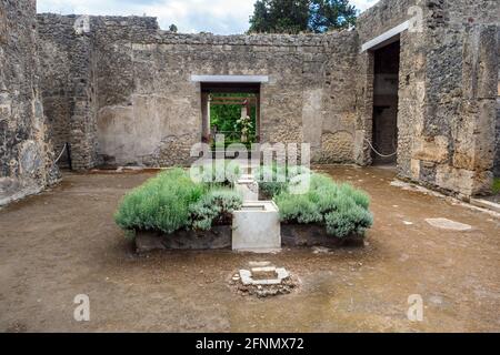 Rechteckiges Atrium mit einem zentralen Impluvium, umgeben von einer Grenze für Pflanzen im Haus des Octavius Quartio - Pompeji archäologische Stätte, Italien Stockfoto