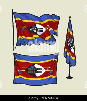 Flagge von Swasiland auf dem Wind und an der Wand Handgezeichnetes Illustrationsset Stock Vektor