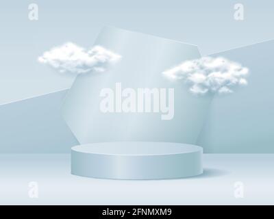 Werbung 3D Prodium mit Wolken, realistische Vektordarstellung aus der Nähe Stock Vektor