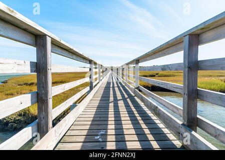 Blick auf einen einsamen eingezäunten Gehweg durch Salzwassersumpf an einem sonnigen Herbsttag. Konvergierende Linien Stockfoto