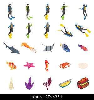 Set von Fahrer-Ikonen, Flora und Fauna des Meeresbodens auf weißem Hintergrund. Isometrische Vektordarstellung. Stock Vektor