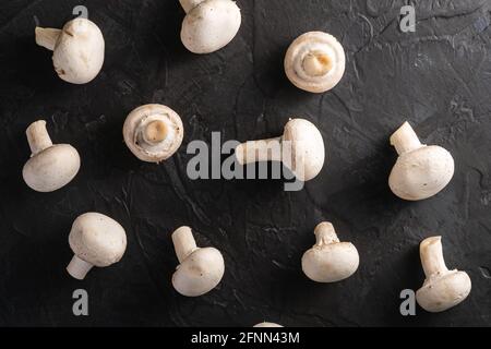 Champignon-Pilze gesundes Essen auf dunkelschwarzem texturierten Hintergrund, Draufsicht Stockfoto