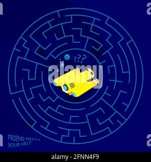 Kinderspiele. Rundes Labyrinth, Labyrinth. Unterwasserabenteuer. Yellow Exploration Unterwasserroboter ist im Labyrinth verloren. Vektor Stock Vektor