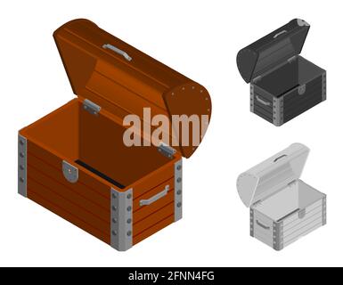Leere Holzkiste mit offenem Deckel. Keine Piratenschätze gefunden. Isometrischer 3D-Vektor Stock Vektor