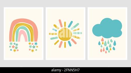 Niedliche Poster im skandinavischen Stil mit Regenbogen, Wolke und Sonne. Kindliche Zeichnung für Kinderzimmer-Design. Spaß Doodle Regenbogen. Handgezeichnete Abbildung Stock Vektor