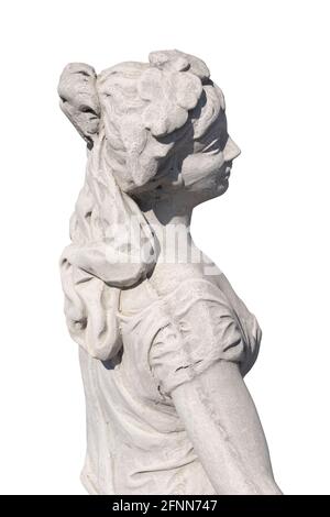 Nahaufnahme der Steinskulptur der Frau auf der Seite Weißer Hintergrund Stockfoto