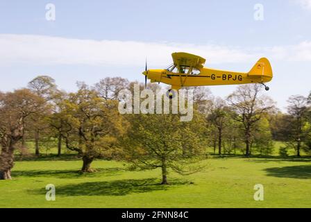 Piper PA-18 Super Cub Flugzeug G-BPJG Start von Henham Park Suffolk Landrasen Landrampe. Kleines Vintage-Flugzeug über Waldpark Stockfoto