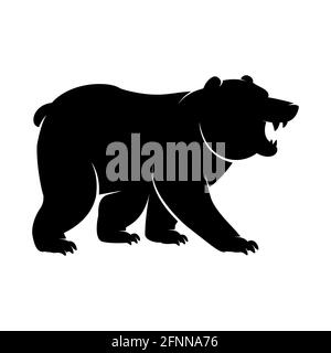 Schwarze Silhouette einer stehenden und brüllenden Bärenikone. Vektordarstellung eines wütenden monochromen arktischen Tieres, Eisbären oder Grizzly-Logos mit großem Kl Stock Vektor