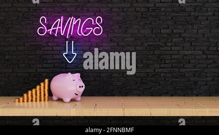 Abbildung eines Sparschweines auf einem Tisch mit Münzen Daneben gestapelt Stockfoto