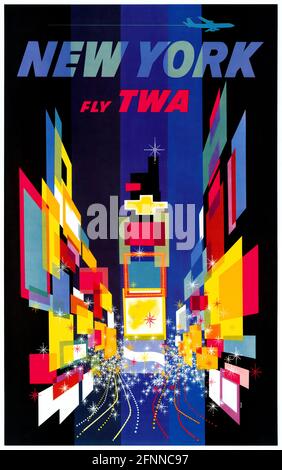 New York. Fly TWA von David Klein (1918-2005). Restauriertes Vintage-Poster, das 1956 in den USA veröffentlicht wurde. Stockfoto