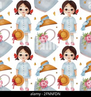 Nahtloses Aquarellmuster mit einem Mädchen, Hut und Sommertasche auf weißem Hintergrund. Helle Sommerdarstellung. Ideal für Kindertextilien, Wickeln. Stockfoto