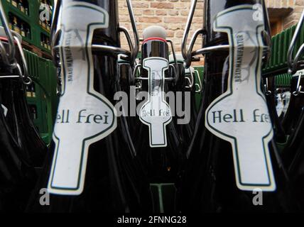 Potsdam, Deutschland. Mai 2021. Alkoholfreies Bier 'Hell frei' aus der Brauerei Forsthaus Templin wird in Flaschen mit Schaukeldecke gefüllt. Quelle: Soeren Stache/dpa-Zentralbild/dpa/Alamy Live News Stockfoto