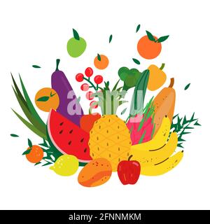 Gemüse und Obst Zusammensetzung isoliert auf weiß. Fliegende bunte Gemüse und Früchte. Gesundes Lebensmittelkonzept für vegane, vegetarische, rohe Ernährung. Pineapp Stock Vektor