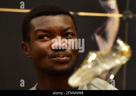 Der Dreisprungathlet Hugues Fabrice Zang aus Burkina Faso spricht während der Pressekonferenz vor der Zlata Tretra (Golden Spike) Continental Tour - Gold Athletic Event in Ostrava, Tschechische Republik, 18. Mai 2021. (CTK Photo/Jaroslav Ozana) Stockfoto