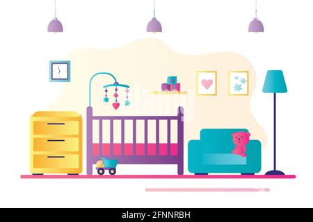 Innenraum des Neugeborenen-Babyzimmers. Kinderbett, Spielzeug und Zubehör. Kinderzimmer. Hintergrund im trendigen Stil, ohne Menschen. Flache Vektorgrafik Stock Vektor