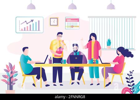 Moderne Büroeinrichtung. Geschäftsleute am Arbeitsplatz. Teamlösung von Aufgaben und Problemen im Büro. Gemeinsame Arbeit, Diskussion und Brainstormin Stock Vektor