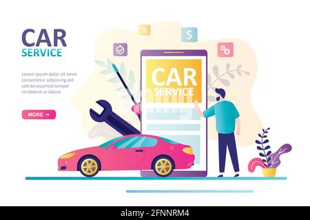 Mann steht in der Nähe von riesigen Smartphone und bestellen Auto-Service online. Landing Page zum Thema Auto Service. Konzept der Auto-Reparatur und Auto-Diagnose. Websi Stock Vektor