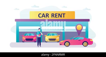 Autovermietung. Garagengebäude mit modernen Autos. Schöner Verkäufer oder Händler bei der Arbeit. Carsharing oder Autovermietung. Horizontales Banner. Männlicher Charakter und Stock Vektor