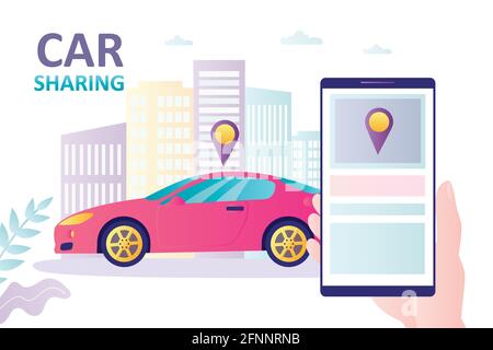 Smartphone mit Carsharing-Anwendung, modernes Fahrzeug. Navigationssystem. Online-Verleih oder -Sharing-Service. Internet-Technologie, Transportwesen. Stock Vektor